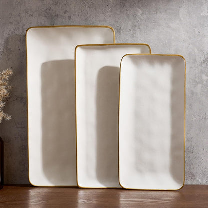 Famiware Serving Platter, Rectangular 15.67/14.1/12.6inch Serving Dishes for Entertaining, Microwave Dishwasher Safe, Stoneware Serving Trays for Party, Turkey, Cheese, Ocean Series, Cappuccino White