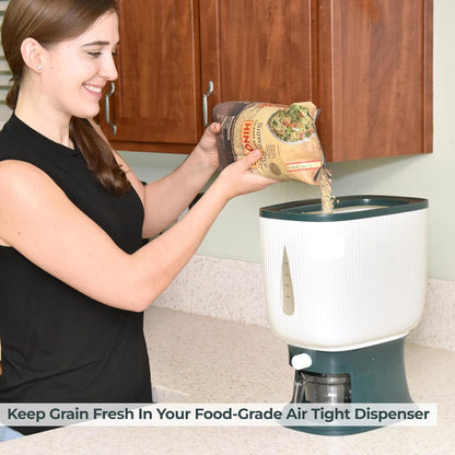 Rice Dispenser for Countertops – Seal 20 Lbs. of Food in Your Small, Strong, Light Rice & Cereal Dispenser – Brush & Measuring Cup Included – White-Green – Home & Kitchen Goods