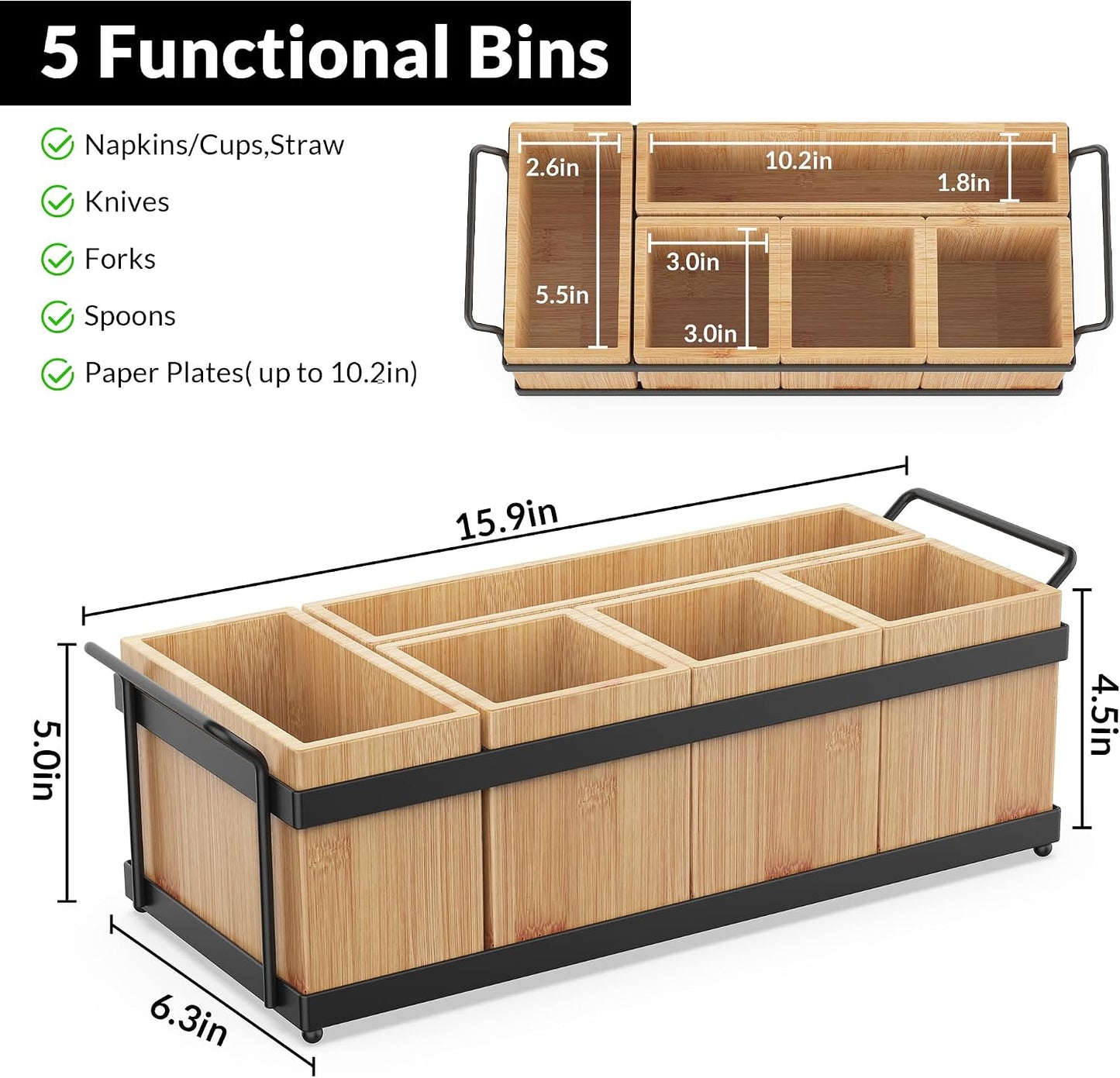 Silverware Caddy for Party, Wood Utensil Caddy with 4 Removable Compartments for Kitchen Countertop Organizing Paper Plate, Fork, Spoon, Napkin