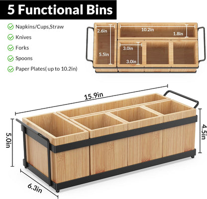 Silverware Caddy for Party, Wood Utensil Caddy with 4 Removable Compartments for Kitchen Countertop Organizing Paper Plate, Fork, Spoon, Napkin