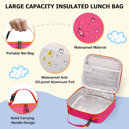 Bento Lunch Box for Kids with Thermo, Leakproof Bento Box with 8oz Insulated Food Jar, Insulated Bottle, Lunch Bag, BPA Free Dishwasher Safe 4 Compartment Container for School Girls Boys (Pink)