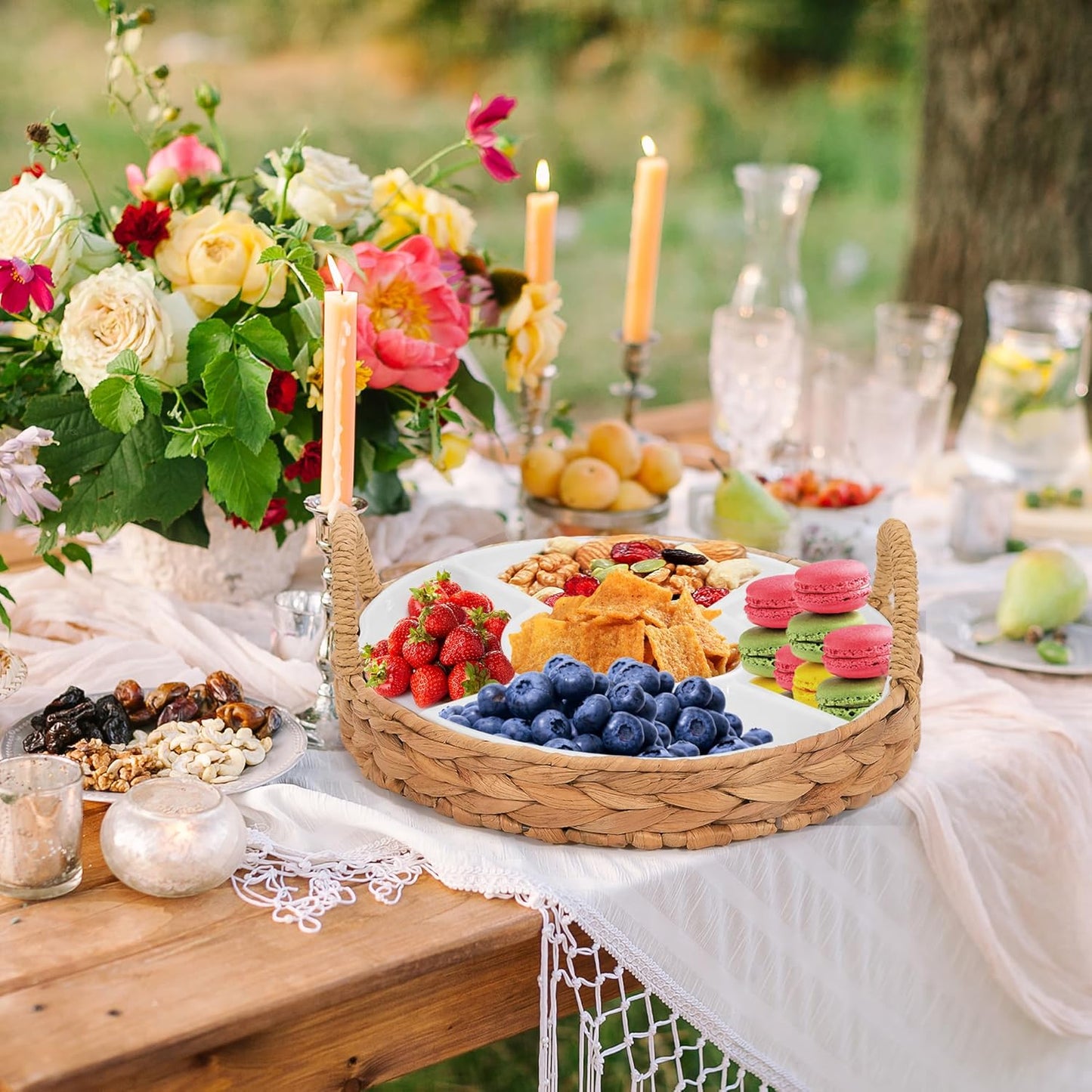 GENMOUS Chips and Dip Serving Tray, 13" Divided Serving Trays for Fruit Dips Candy, Water Hyacinth with 5 Sectional Melamine Appetizer Relish Trays for Party