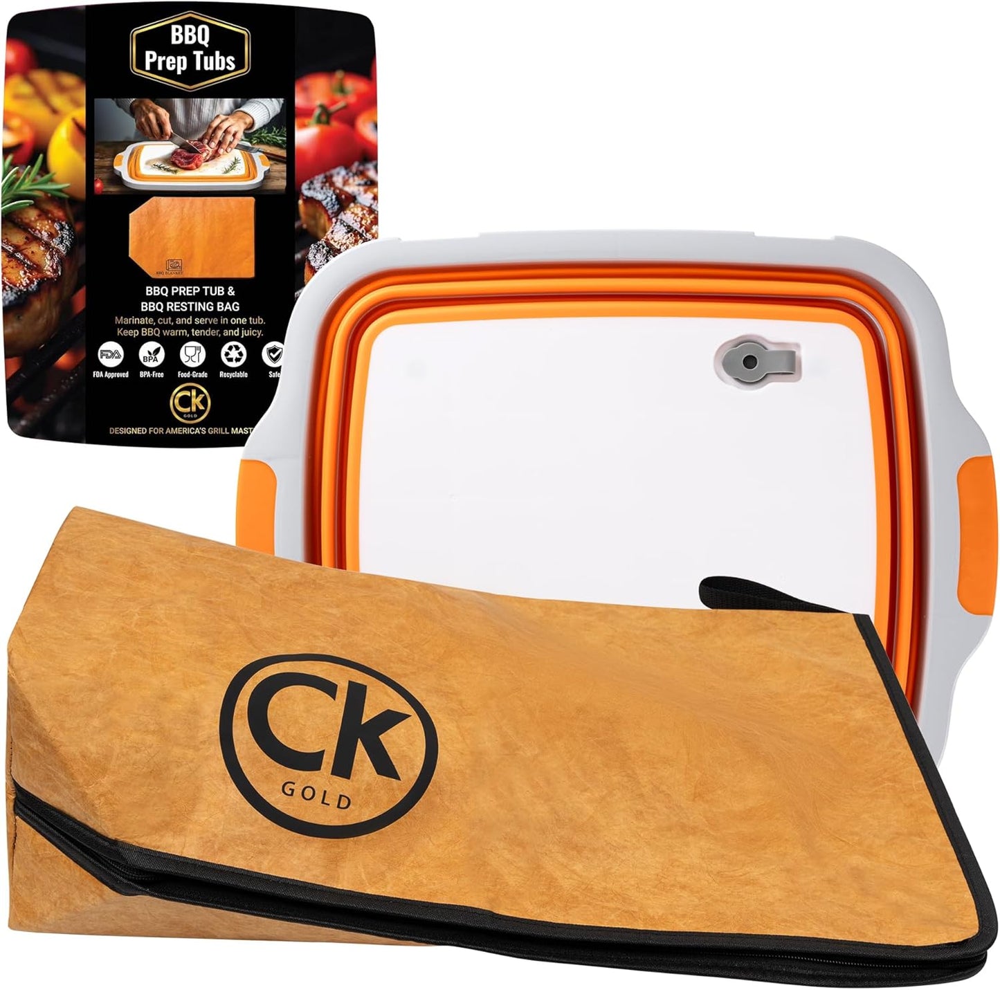 New Extra LARGE Collapsible BBQ Prep Tub with LOCKING LID & Meat Resting Bag - BPA Free Cutting Board with Lid, Leak Free, Strong Drain Hole for Meal Prep, Marinating, Grilling & Food Storage (Orange)