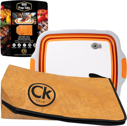 New Extra LARGE Collapsible BBQ Prep Tub with LOCKING LID & Meat Resting Bag - BPA Free Cutting Board with Lid, Leak Free, Strong Drain Hole for Meal Prep, Marinating, Grilling & Food Storage (Orange)