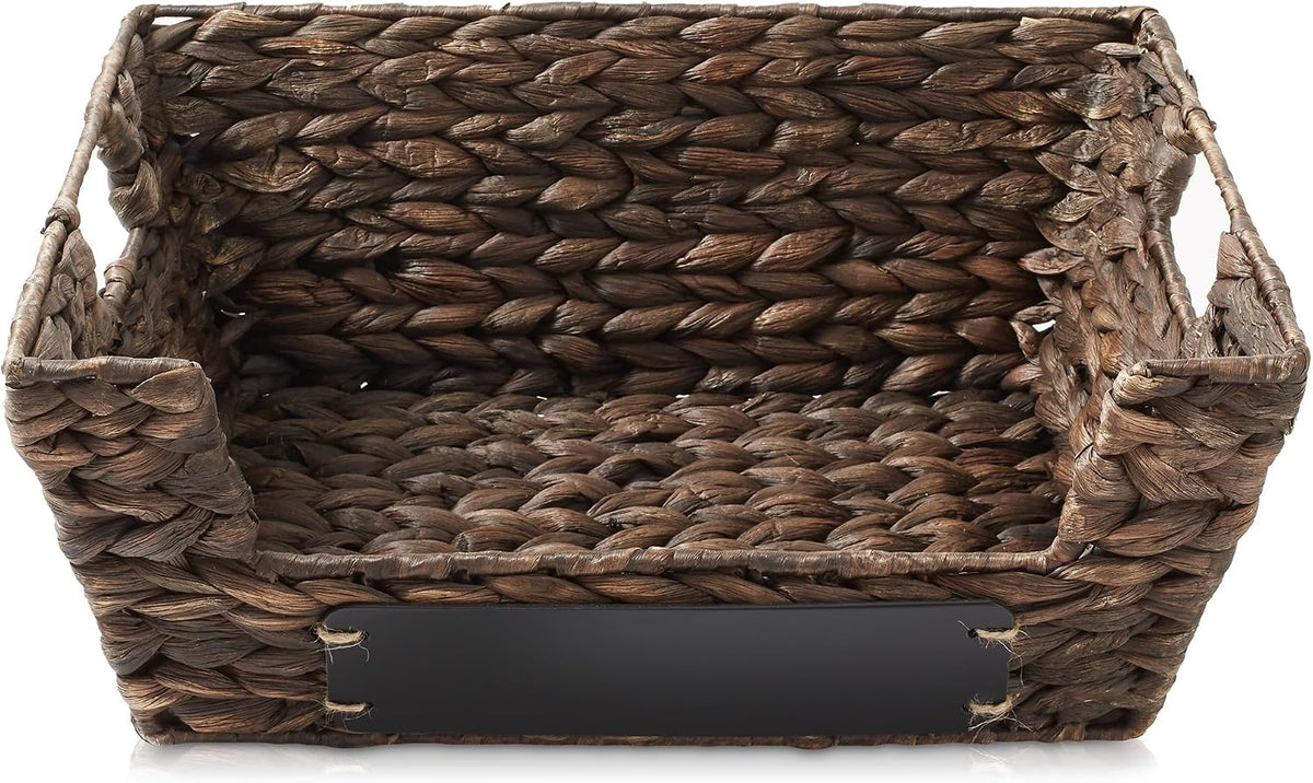 Casafield Set of 2 Water Hyacinth Pantry Baskets with Handles, Chalkboard Labels, and Marker - Espresso, Wide Woven Storage Bin Organizers for Kitchen Shelves