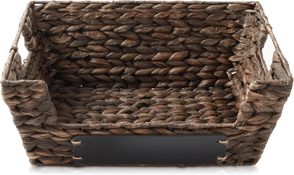 Casafield Set of 2 Water Hyacinth Pantry Baskets with Handles, Chalkboard Labels, and Marker - Espresso, Wide Woven Storage Bin Organizers for Kitchen Shelves