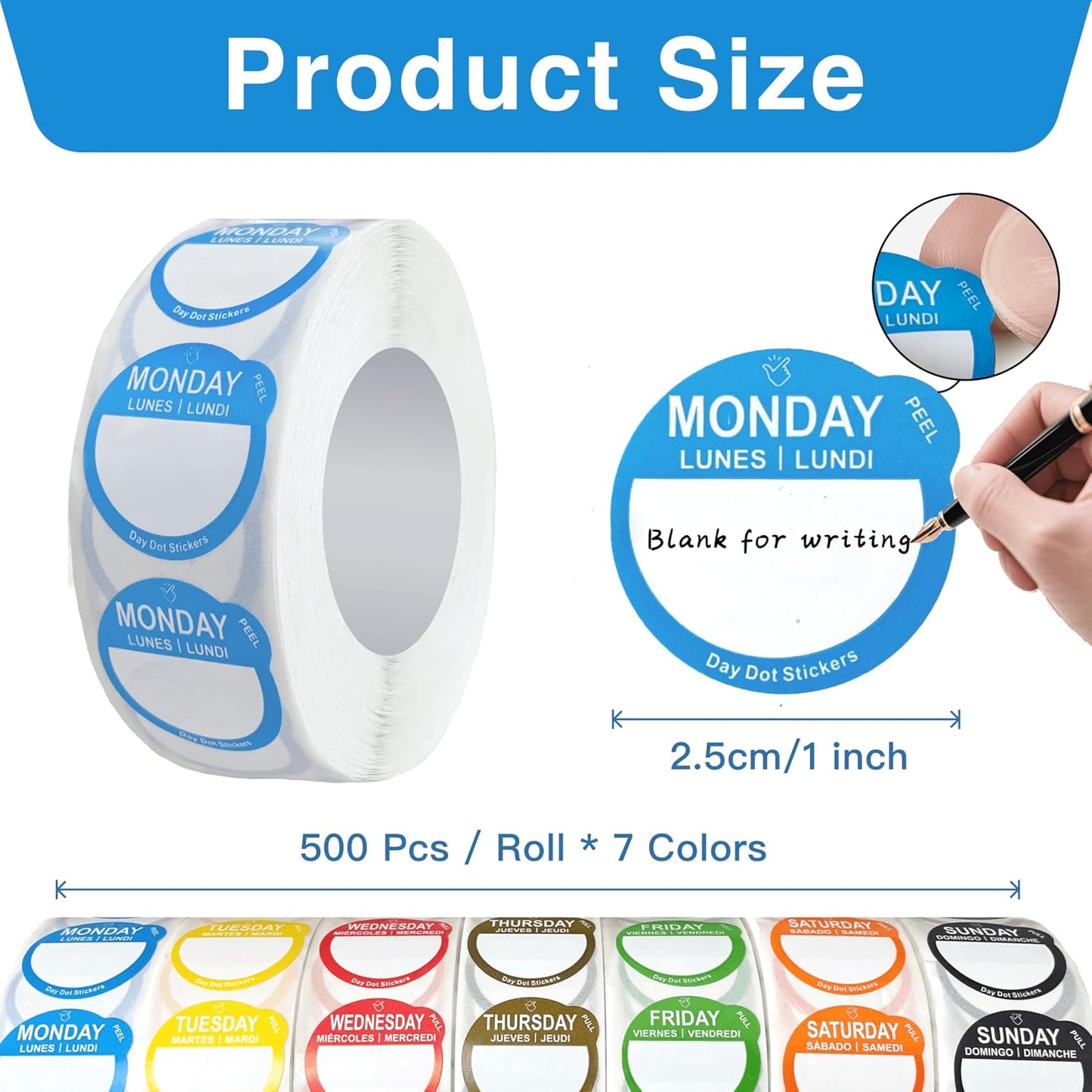 Day Dots Food Labels, 1 Inch 7000 Pcs Removable Date Stickers for Food, 7 Rolls Wmiwulien Day Labels for Restaurant Kitchen Containers, Self Adhesive Day Dot Sticker