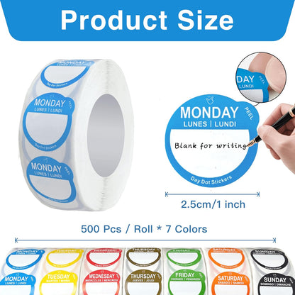 Day Dots Food Labels, 1 Inch 7000 Pcs Removable Date Stickers for Food, 7 Rolls Wmiwulien Day Labels for Restaurant Kitchen Containers, Self Adhesive Day Dot Sticker