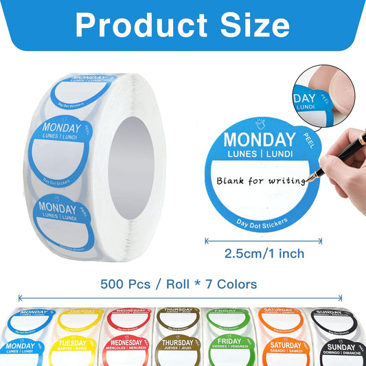 Day Dots Food Labels, 1 Inch 7000 Pcs Removable Date Stickers for Food, 7 Rolls Wmiwulien Day Labels for Restaurant Kitchen Containers, Self Adhesive Day Dot Sticker