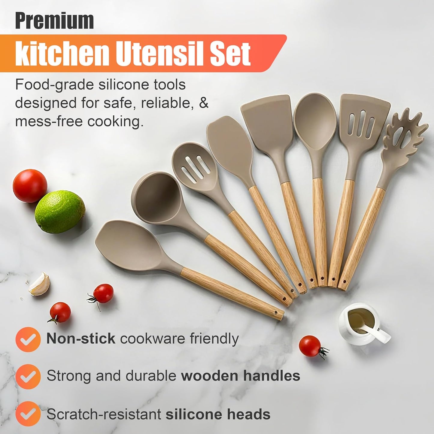 Berry & Cherry Kitchen Utensils Set Silicone 33 PCS – Nonstick Heat Resistant Cooking Tools with Wooden Handles & Holder, Spatula Set (Khaki)