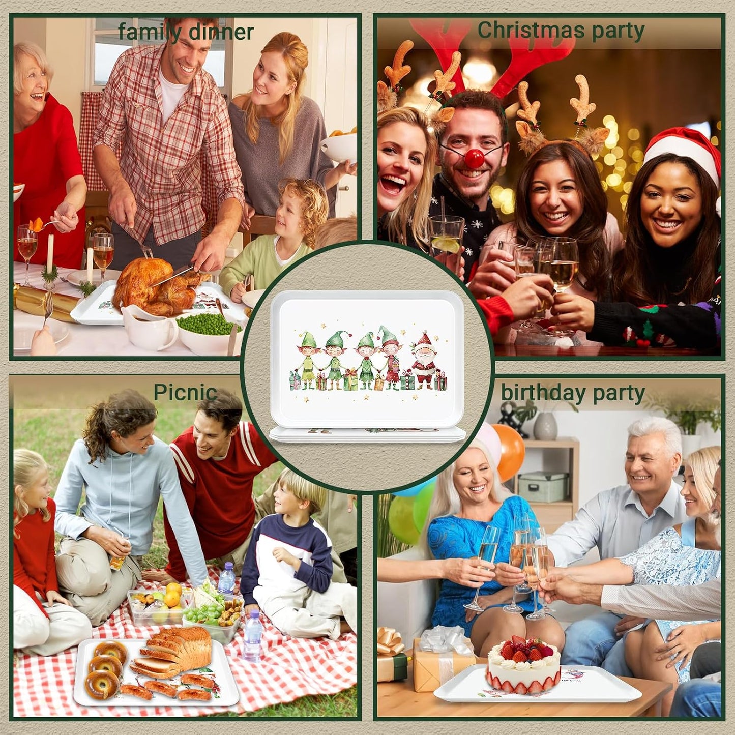 4-Piece 15 x 11 Inch Christmas Serving Tray Set, Reusable Melamine Platters with Cute Elf Cartoons, Holiday Party Trays for Snacks, Fruit, Desserts, and Candy, Rectangular Design