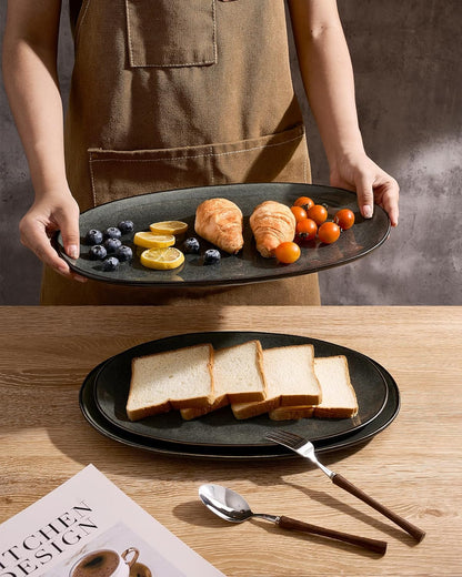 famiware Serving Platter, Oval 15.59/14.3/12.9inch Serving Dishes for Entertaining, Serving Bowls, Microwave Safe, Stoneware Serving Trays for Party, Food, Turkey, Cheese, Ocean Series, Vanilla White