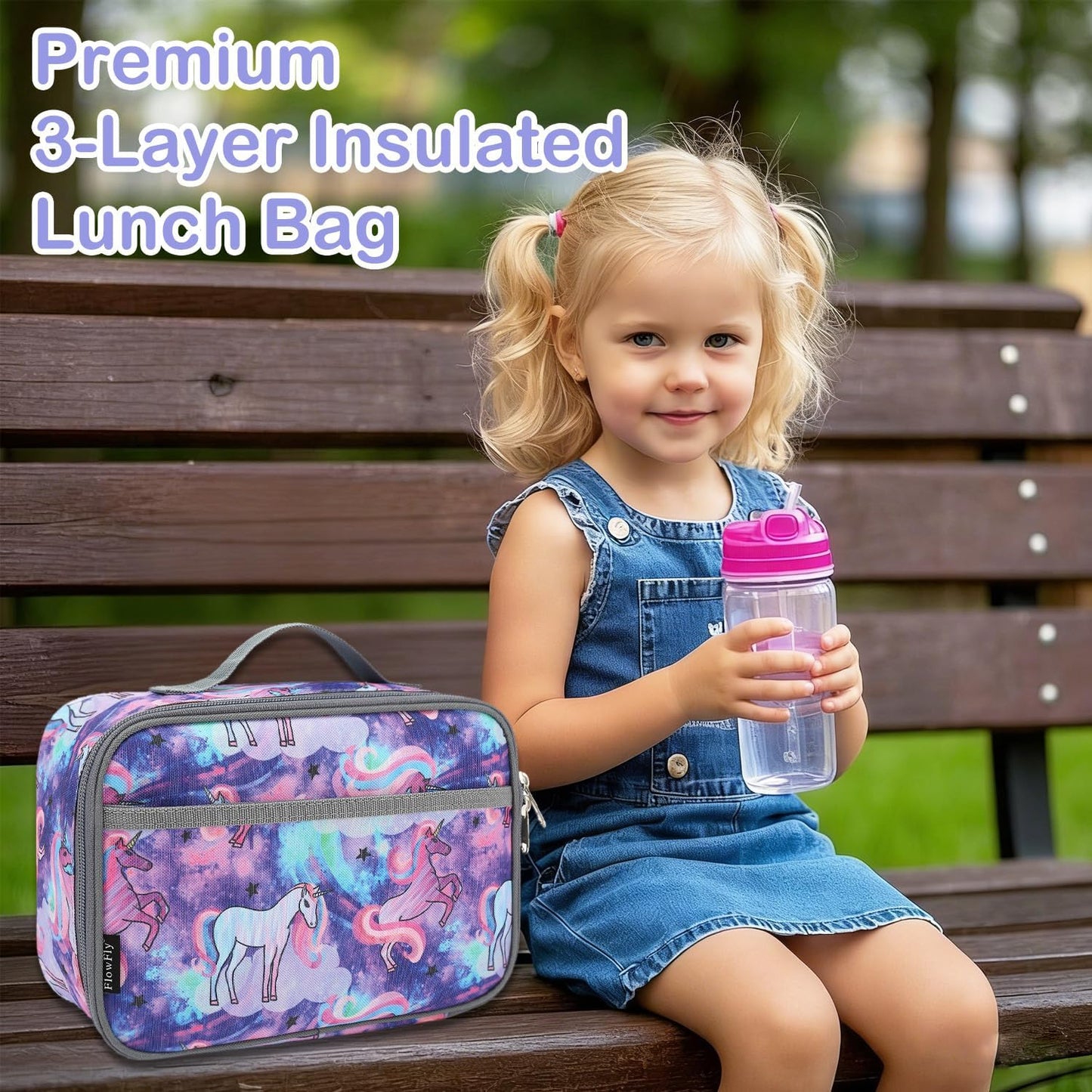 FlowFly Kids Lunch box Insulated Soft Bag Mini Cooler Back to School Thermal Meal Tote Kit for Girls, Boys, Black