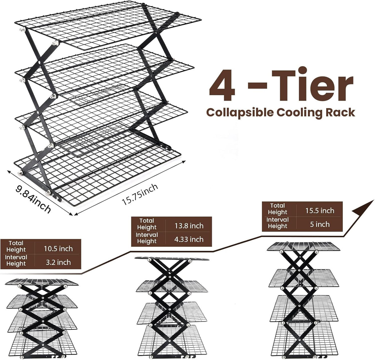 2/3/4-Tier Collapsible Cooling Rack for Baking,Folding Cooling Grid,Adjustable Stackable Roasting Cooking Drying Wire Cooling Rack for Cookies Baking