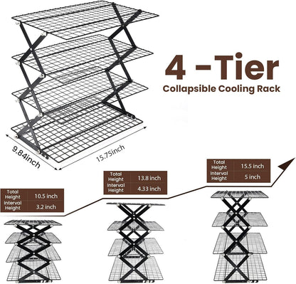 2/3/4-Tier Collapsible Cooling Rack for Baking,Folding Cooling Grid,Adjustable Stackable Roasting Cooking Drying Wire Cooling Rack for Cookies Baking