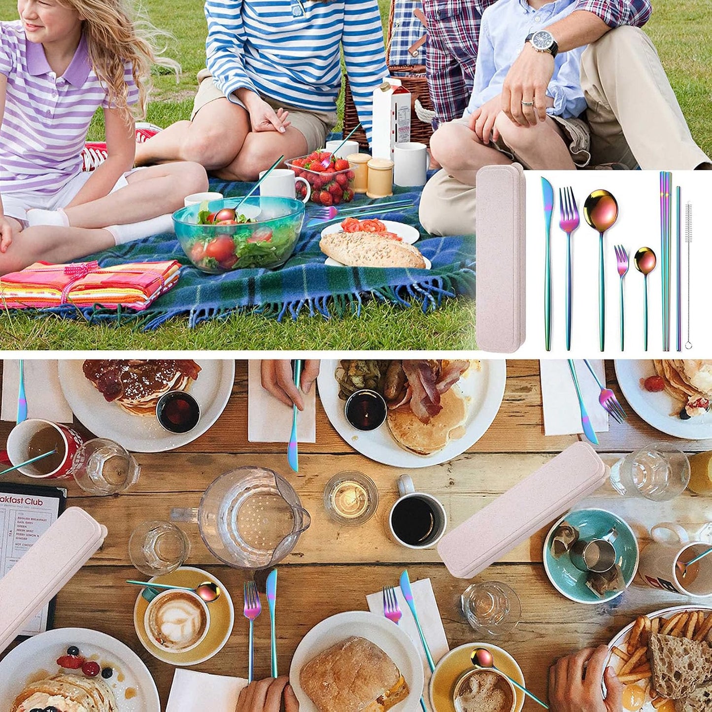 AARAINBOW 8 Pieces Stainless Steel Flatware Set Portable Reusable Cutlery Set Travel Utensils Set Including Chopsticks Knife Fork Spoon Straws Cleaning Brush Dishwasher Safe (Pink Golden)