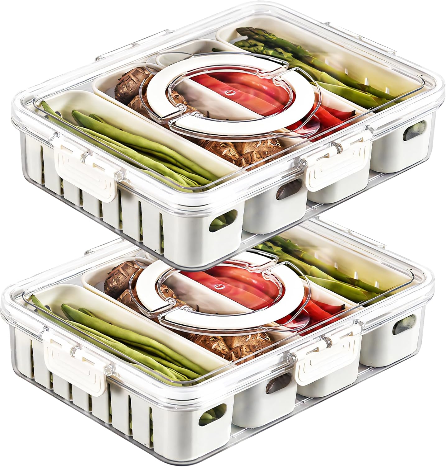 2Pack Divided Veggie Tray with Lid and Handle 8 Compartment Serving Tray with Dividers Portable Travel Snack Containers Stackable Snackle Box Charcuterie Container for Fruit,Vegetable,Salad
