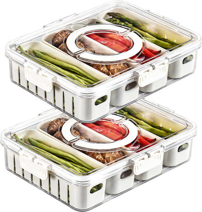 2Pack Divided Veggie Tray with Lid and Handle 8 Compartment Serving Tray with Dividers Portable Travel Snack Containers Stackable Snackle Box Charcuterie Container for Fruit,Vegetable,Salad