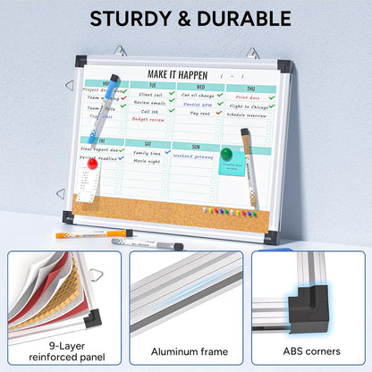 Marsrock Weekly Calendar Whiteboard and Cork Board Combo for Wall, 17"x13" Reversible Hanging Dry Erase Board, Double Sided White Board with Aluminum Frame for Planning, Office, Kitchen, School, Home