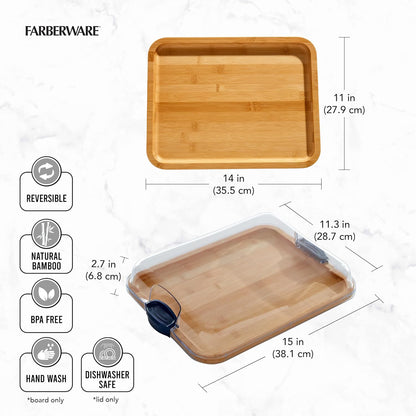Farberware Bamboo Cutting Board with Clear Locking Lid, 11x14 Inch Charcuterie Board with Handles - Reversible Serving Board for Cheese, Meats, Snacks and More