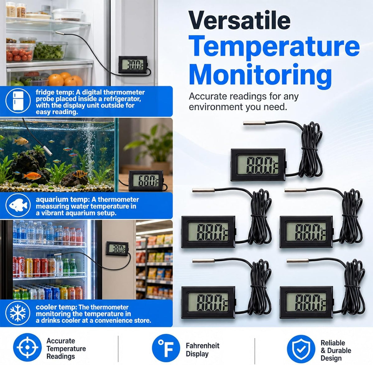 5-Pack Digital LCD Refrigerator Thermometer, Fahrenheit