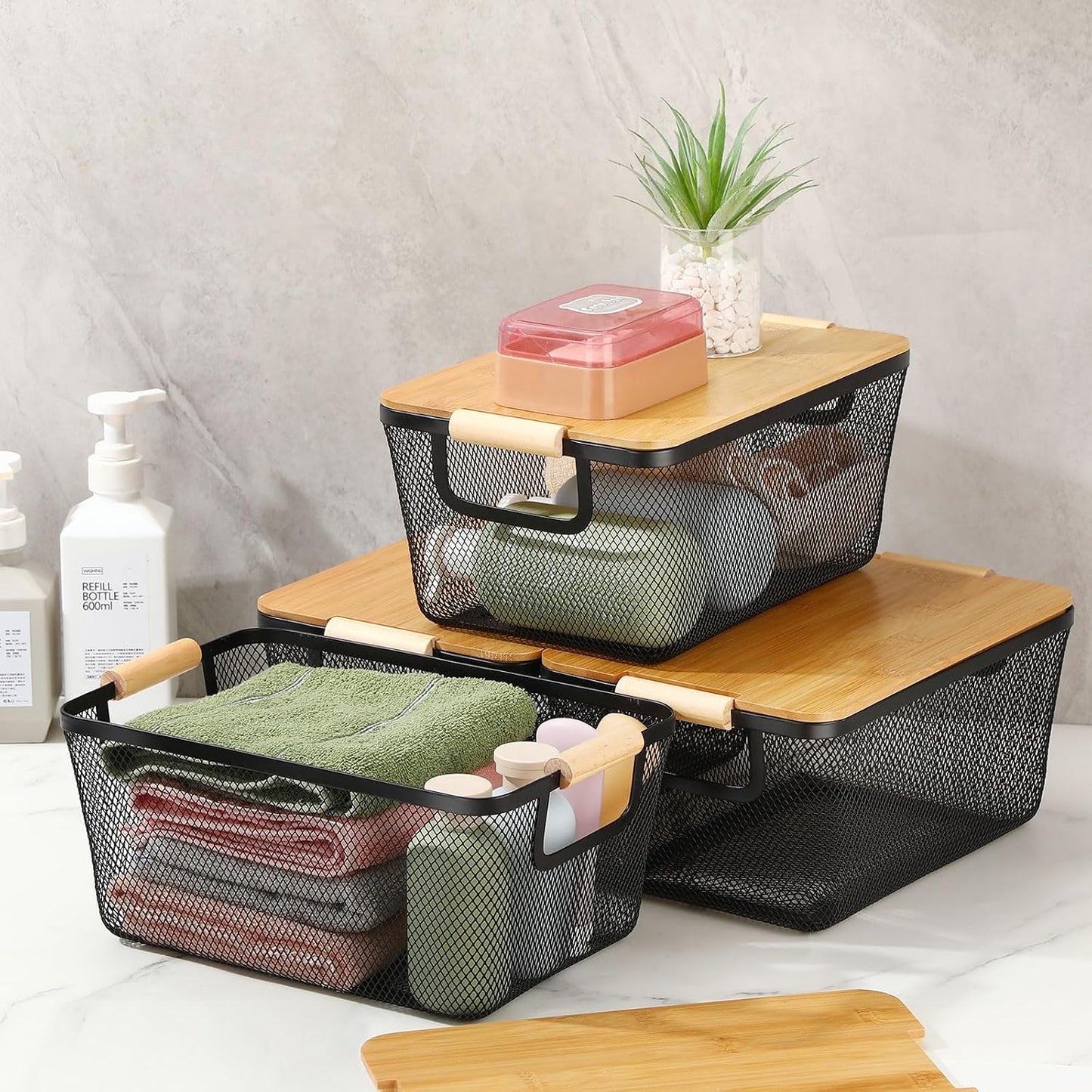 Geelin 4 Pcs Metal Wire Basket with Wooden Handles and Bamboo Lids 12.2 x 8.27 x 5.51 Mesh Steel Basket Stackable Storage Bins Organizer Containers for Vegetables Fruit Home Cabinet Pantry(White)