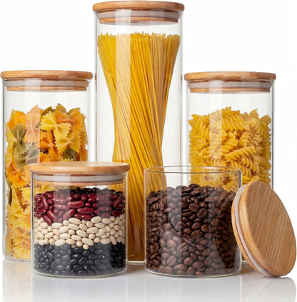 32oz - 4 Pack Glass Jars with Bamboo Lids, Glass Pantry Storage Containers with Airtight Lids, Round Air Tigh Food Storage Canisters for Cereal, Pasta, Flour, Sugar, Rice, Best for Kitchen Organizer