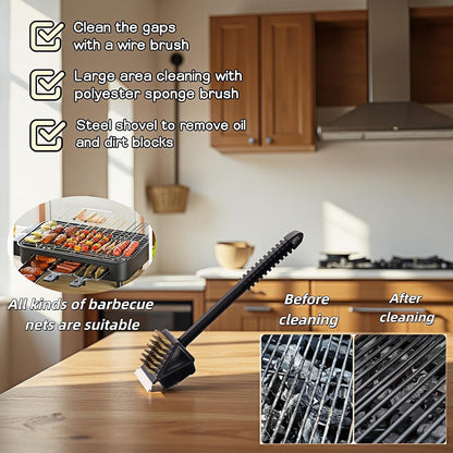 3-in-1 Grill Brush with Scraper & Scrub Pad, 14.5" Long Handle Brass Brush for BBQ Grill Cleaning, Heavy Duty Copper Bristles, Rust-Proof, Hanging Hook, Safe for Gas/Charcoal Grills