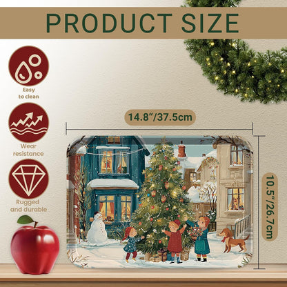 4 Pack Christmas Serving Trays, 15 x 11 Inch Melamine Holiday Platters with Winter Village, Ice Skating, and Camping Designs, Reusable Festive Trays for Snacks, Cookies, and Entertaining