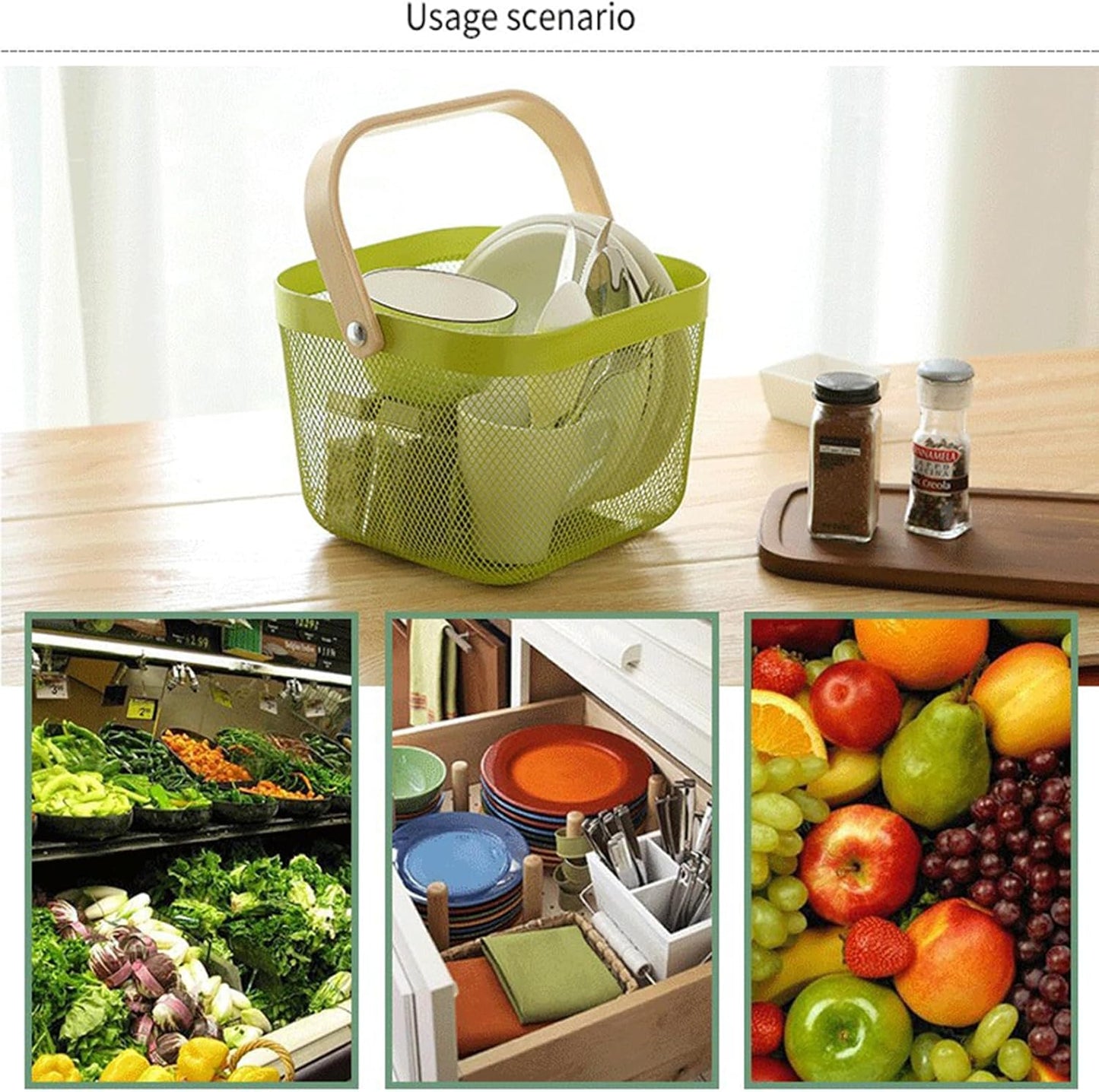 AJIODA Metal Mesh Steel Basket, Storage Organizer Basket Multi-functional Hanging Kitchen Baskets Fruit Basket Bin with Bamboo Handle for Kitchen Bathroom Picnic Shopping Decor Cabinet Home, Blue