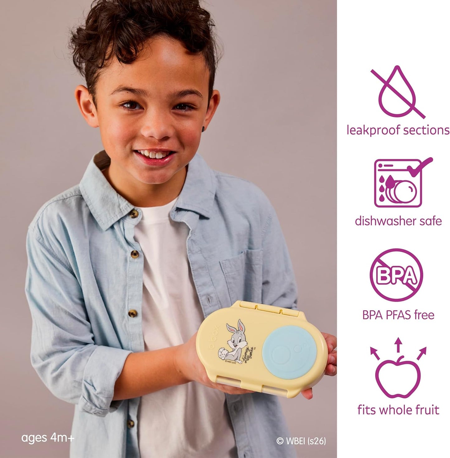 b.box Snack Box 2-Pack - Leak Proof Mini Bento Box for Kids & Toddlers, 2 Compartment Snack Containers for Kids, Dishwasher Safe, BPA-Free, PFAS-Free, Ages 4mo+, 1 3/4 Cup Each (Strawberry + Lilac)