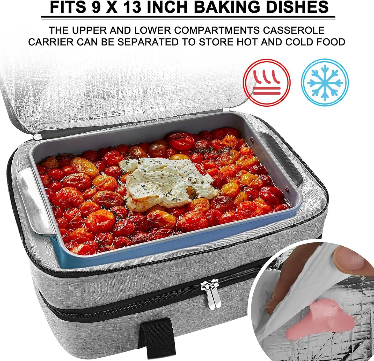 esouler Insulated Casserole Carrier - Casserole Carriers for Hot or Cold Food - Lasagna Lugger Dish Carrier, Thermal Lunch Bag for Potluck Parties, Picnic, Travel, Fits 9" x 13" Baking Dish, Grey