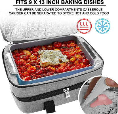 esouler Insulated Casserole Carrier - Casserole Carriers for Hot or Cold Food - Lasagna Lugger Dish Carrier, Thermal Lunch Bag for Potluck Parties, Picnic, Travel, Fits 9" x 13" Baking Dish, Grey