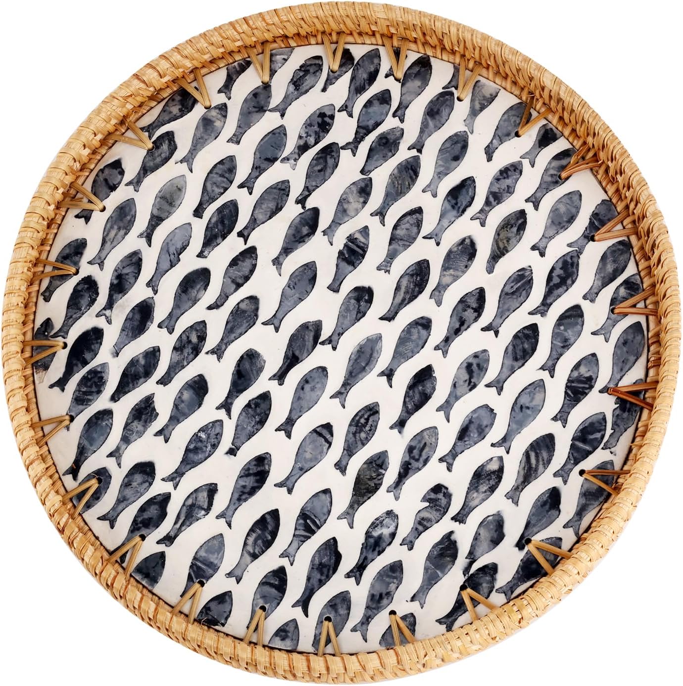 Round Rattan Tray with Mother of Pearl Inlay, Rattan Serving Tray for Coffee, Bread, Fruits, Decorative Wicker Tray for Table Decor, Home Decor, Kitchen Island Decor(Black Checkerboard, 11.8")
