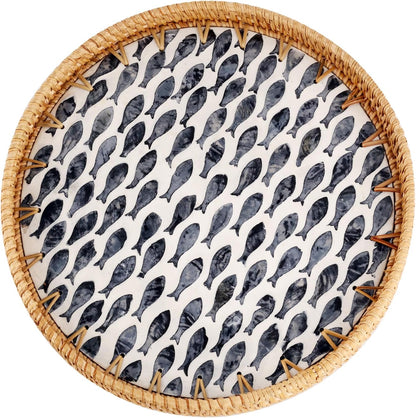 Round Rattan Tray with Mother of Pearl Inlay, Rattan Serving Tray for Coffee, Bread, Fruits, Decorative Wicker Tray for Table Decor, Home Decor, Kitchen Island Decor(Black Checkerboard, 11.8")