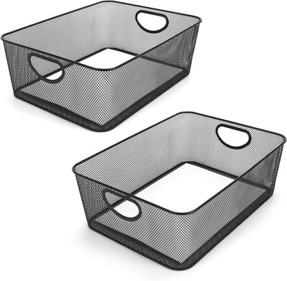 Large Black Wire Baskets, Metal Mesh Steel Basket, File Storage Organizer, Household Sundry Storage, Versatile Baskets with Handle for Home Office Kitchen Pantry Bathroom, 14.5x10.5x5 inches (2 PCS)