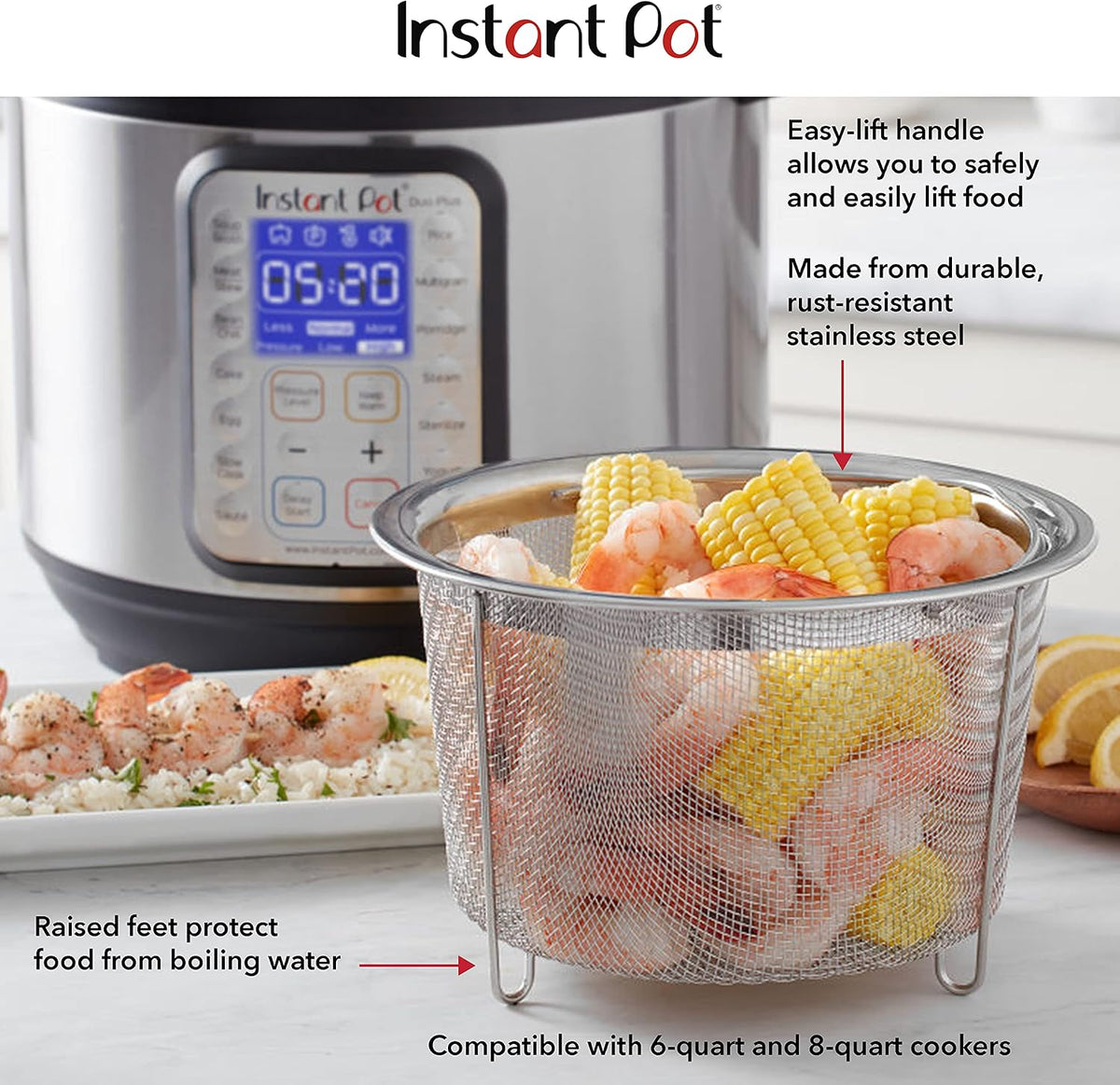 Instant Pot Official Large Mesh Steamer Basket, Stainless Steel, Round - Versatile Steamer & Strainer for Vegetables, Fish, and More - Durable, Rust-Resistant, Easy-Lift Handle, Dishwasher Safe