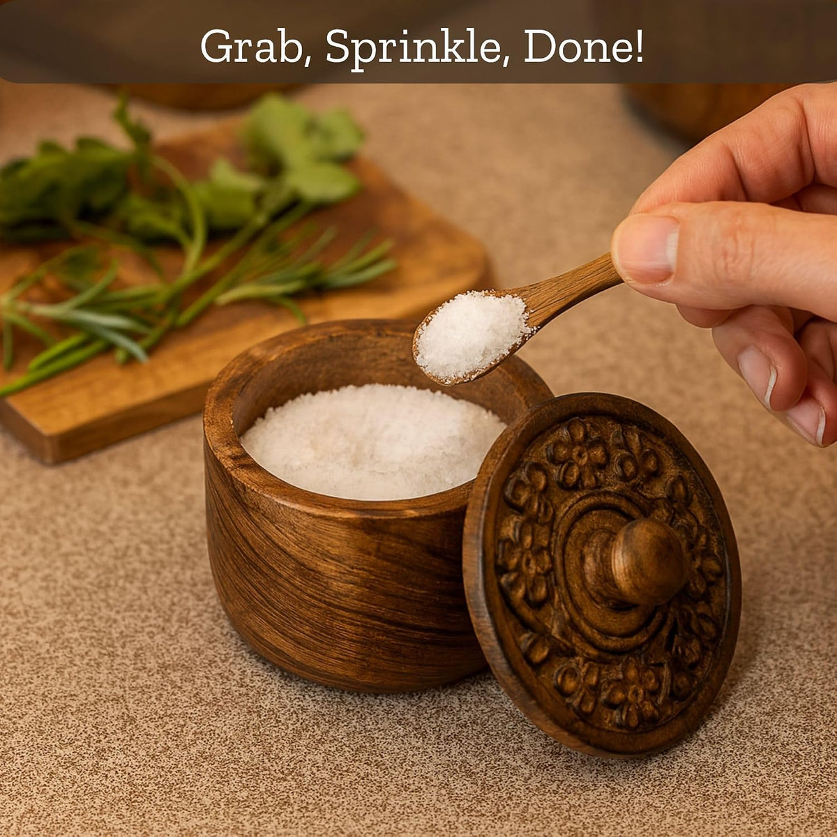 Mie Creations Rustic Salt Box Cellar with Lid & Spoon, Mango Wood Floral