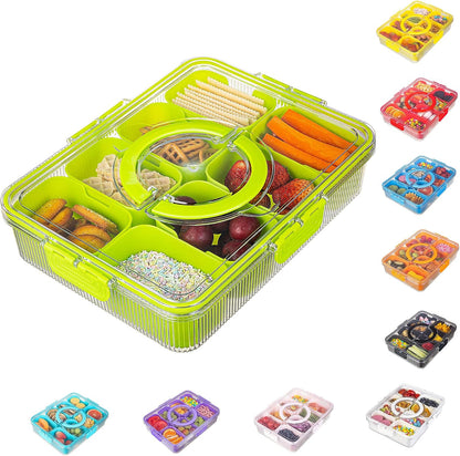 Patent Divided Serving Tray with Lid & Handle - Snackle Box Organizer for Charcuterie, Sandwiches, Veggies, Fruits, Candy - Portable Food Storage for Travel, Beach, Picnics（1 pcs, Orange）