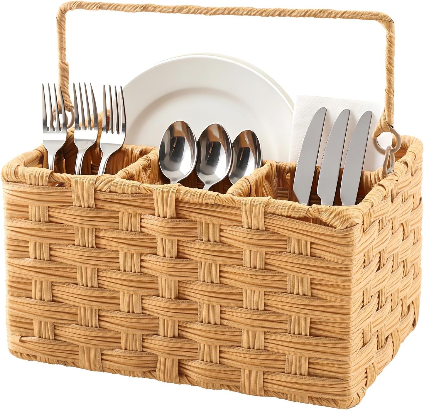 Wicker Utensil Caddy – Tabletop Utensil & Silverware Organizer with Handle, Multi-Use Cutlery and Condiment Holder, Kitchen Countertop Basket, Ideal for Parties, Picnics & Buffets