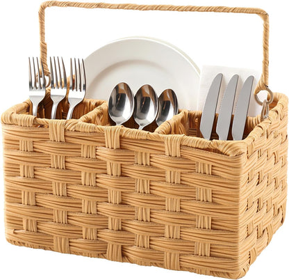 Wicker Utensil Caddy – Tabletop Utensil & Silverware Organizer with Handle, Multi-Use Cutlery and Condiment Holder, Kitchen Countertop Basket, Ideal for Parties, Picnics & Buffets