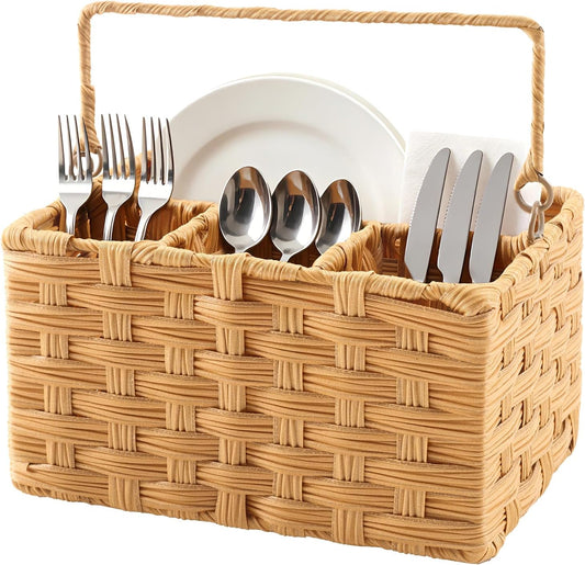 Wicker Utensil Caddy – Tabletop Utensil & Silverware Organizer with Handle, Multi-Use Cutlery and Condiment Holder, Kitchen Countertop Basket, Ideal for Parties, Picnics & Buffets