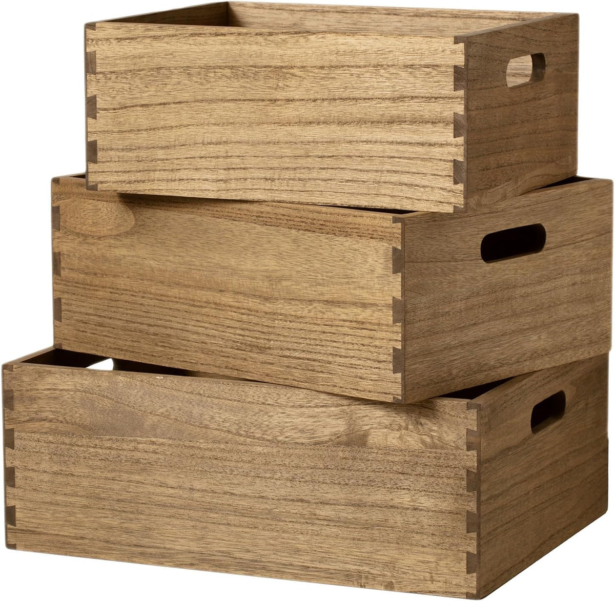 KIRIGEN Nesting Wood Crates with Handles, Set of 3 Storage Boxes Natural | 3 Different Size Decorative Box Organizer for Towels, Books, Crafts Fully Assembled