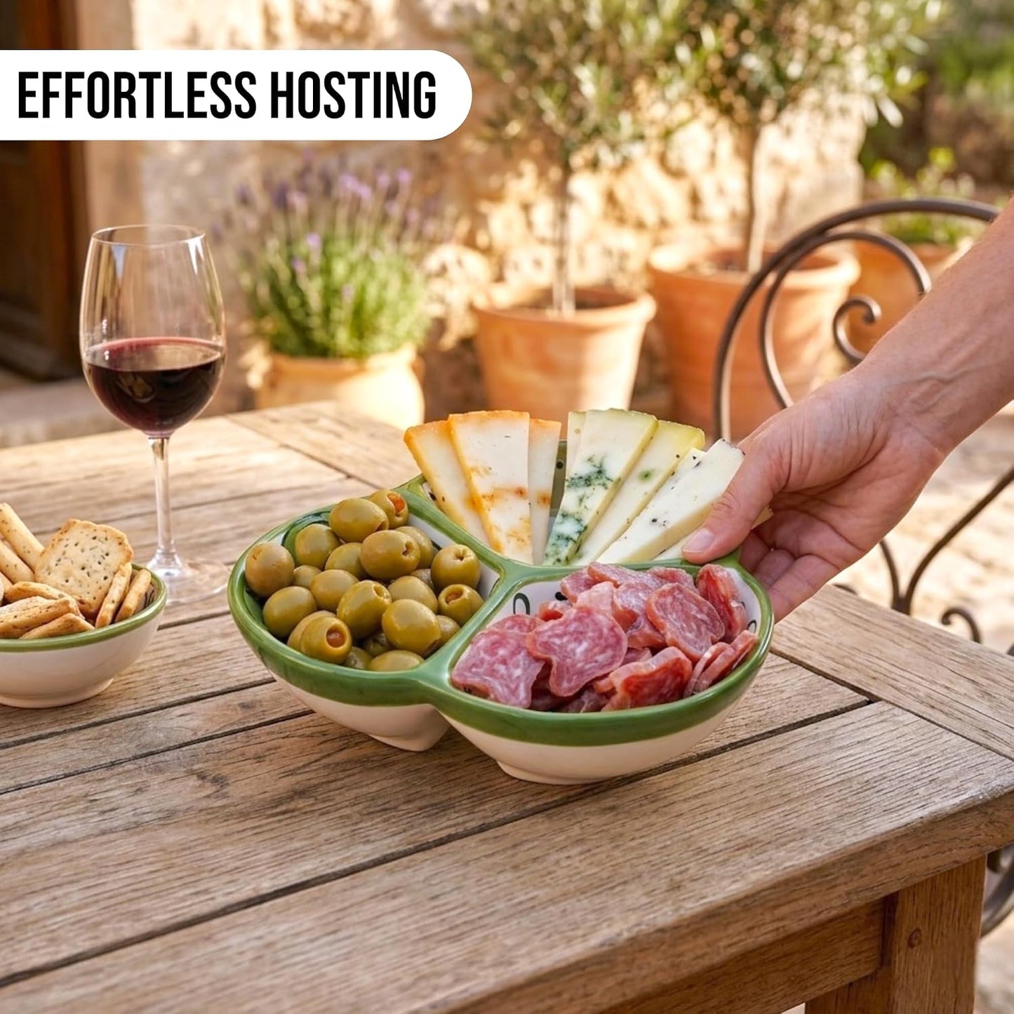 Ceramic Chip & Dip Bowl 7.5”, 3-Compartment Divided Serving Dish & Condiment Tray for Appetizers – Handmade in Spain, Lead-Free Glaze, Microwave, Oven & Dishwasher Safe