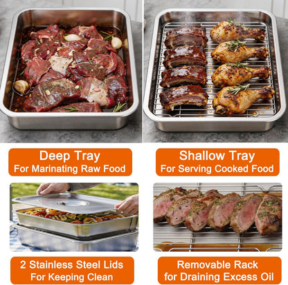 Grill Prep Tray & Serving Tray Set with Lids –5-Piece Grill Carry System for Marinating, Carrying & Serving, Stainless Steel BBQ Trays, BBQ Prep Grill Pan with 2 Lids and 1 Rack