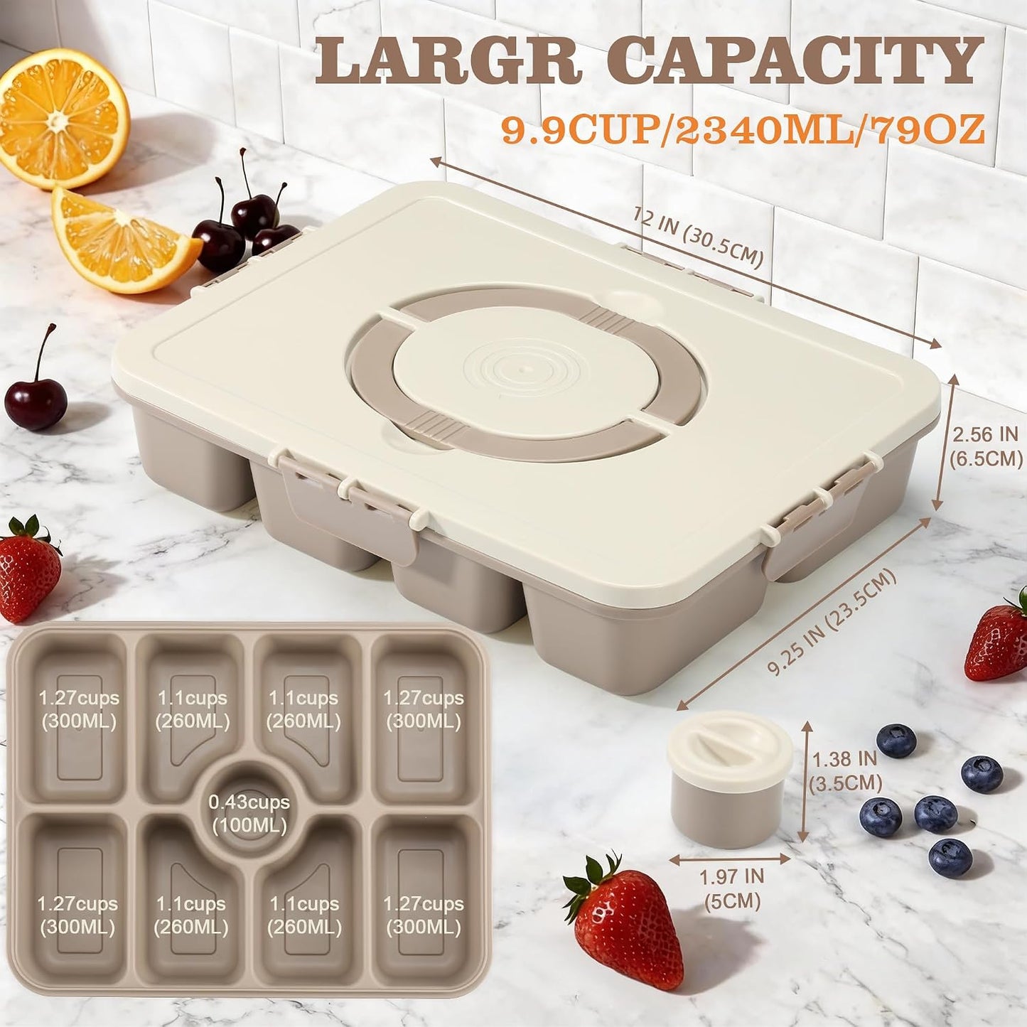 Snackle Box Container, Divided Serving Tray with Lid and Handle, 9 Compartments Snack Box Container for Adults, Portable Charcuterie Serving Platter for Candy Fruit, 9.9 Cups, White Grey