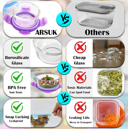 ARSUK 4Oz Glass Food Storage Containers with Snap-On BPA-Free Lids 12 Pack - Small Glass Jars for Sauce, Spices, Meal Prep - Reusable & Dishwasher Microwave Fridge Freezer Safe