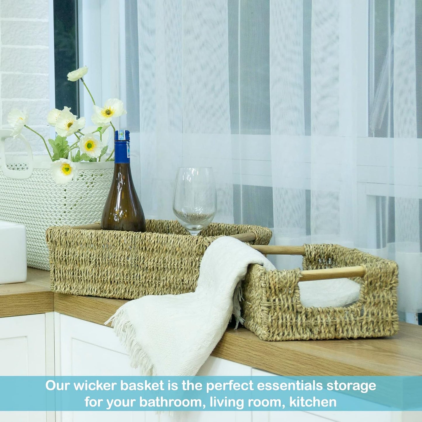 VATIMA Water Hyacinth Storage Baskets with Large Open-Front for Kitchen, Decorative for Living Room, 13.4” x 9.5” x 5.5”, 2 Pack