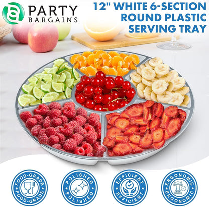 PARTY BARGAINS 12" Round Plastic Serving Tray, 6-Sections, Clear, Pack of 1