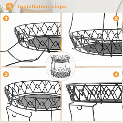 3 Tier Fruit Basket with 2 Banana Hangers for Kitchen Counter | 3-Tier Detachable Design,Metal Wire Construction, Wooden Handle, Large Capacity, Multi-Purpose Organizer,Mesh Basket